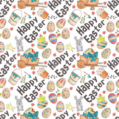 Easter 4 holiday seamless illustration pattern color drawings depicting holiday attributes and greetings inscription in the style of Doodle for design design background is isolated