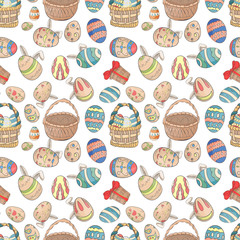 Easter 5 holiday seamless illustration pattern color drawings depicting holiday attributes and greetings inscription in the style of Doodle for design design background is isolated