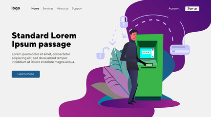 Credit card fraud. Thief using ATM flat vector illustration. Crime, theft, stealing concept for banner, website design or landing web page