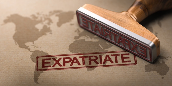Word Expatriate Over World Map. Expat Workers Concept