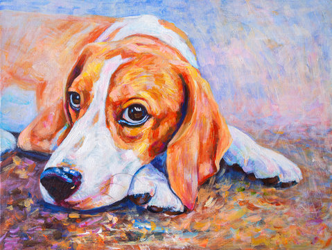 Acrylic color painting of beagle dog on canvas.
