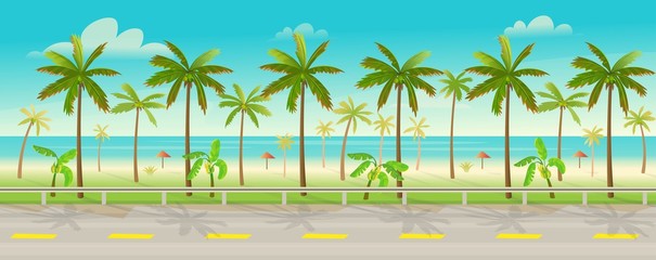 Road over the tropical island with palm trees.Vector illustration of tropical island in cartoon style. Background for games and mobile applications. 