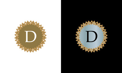 Graphic monogram with letter D on white and black background. Design of round logo shape of company emblem, organization, institution.
