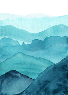 Fototapeta abstract indigo blue watercolor waves mountains on white background
