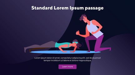 Woman in fitness apparel doing pushups. Fitness trainer working with woman in gym line flat vector illustration. Fitness, body training, exercise concept for banner, website design or landing web page
