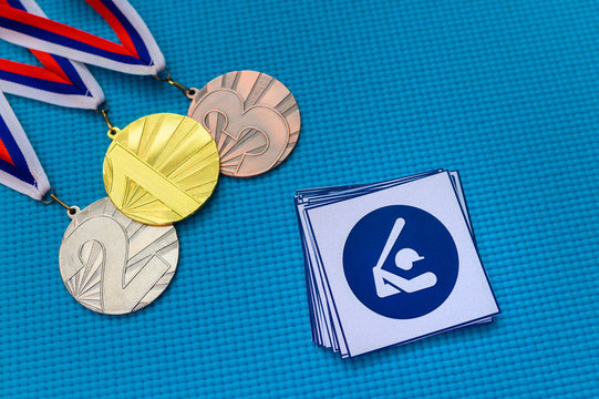 Baseball Icon And Medal Set, Gold Silver And Bronze Medal, Blue Background. Original Wallpaper For Summer Olympic Game In Tokyo 2020