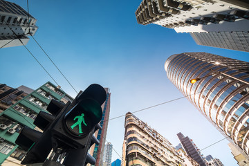 Hong Kong futuristic cityscape with traffic semaphore