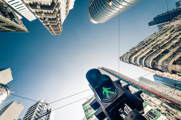 Hong Kong futuristic cityscape with traffic semaphore