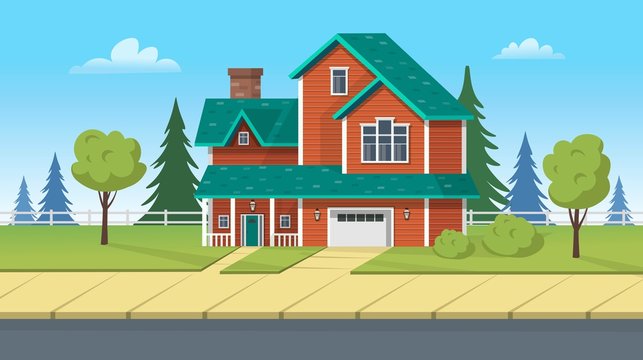 Facade building, suburban house with garage and green lawn. Vector cartoon illustration for games or animation. Layered background. 