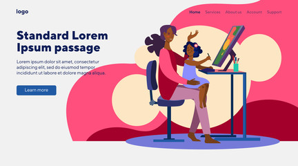 Mother and little daughter using graphic editor together. Designer working with kid flat vector illustration. Drawing, freelance, motherhood concept for banner, website design or landing web page