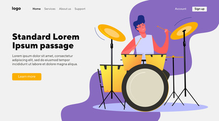 Man playing drums. Musician, concert, musical instrument flat vector illustration. Music, entertainment, equipment, rock band for banner, website design or landing web page