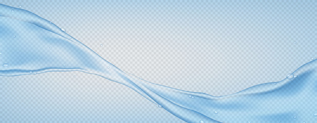 Realistic water current isolated on transparent background. Vector illustration with 3d transparent water surface, splashes and drops.