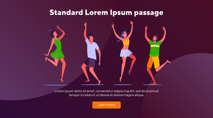 Young people enjoying party. Dancing, having fun, students flat vector illustration. Disco, festival, night concept for banner, website design or landing web page