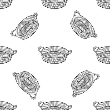 Wicker basket with bow seamless pattern, hand drawing line. Black and white image. Oval basket for a holiday, picnic, Pets.Home item.Vector