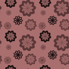 Seamless repeat pattern with black, brown and light brown flowers in   on beige background. drawn fabric, gift wrap, wall art design, wrapping paper, background, fabric print, web page backdrop.