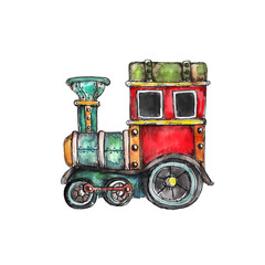 Watercolor hand drawn artistic retro steampunk vehicle vintage icon  isolated on white background