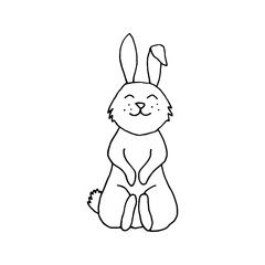 Wildlife, forest animal hare, cute sitting rabbit, bunny. Сoncept Easter. For logo, emblem, sign. Hand drawn vector illustration in doodle style outline drawing isolated on white background.