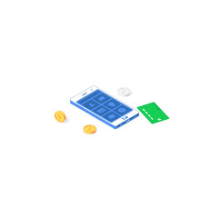 Isometric online payment mobile application. Vector illustration of banknotes, golden and silver coins with phone