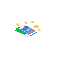 Isometric online payment mobile application. Vector illustration of banknotes, golden and silver coins with phone, interface and button