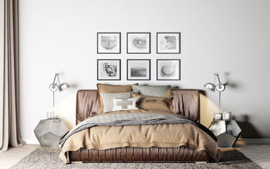 Bedroom interior in light background and brown leather bed and gallery wall , 3D render