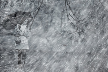 autumn raindrops model / rain weather, girl autumn look, splashes and raindrops in the wind, october in the city