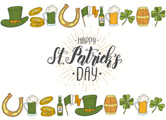St Patrick's day poster with Hand drawn  St. Patrick's hat, horseshoe, beer, barrel, irish flag, four-leaf clover and gold coins. Lettering. Engraving illustrations