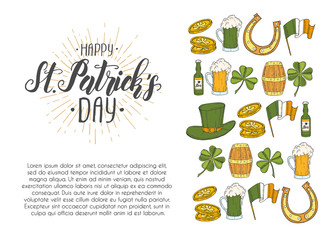 St Patrick's day poster with Hand drawn  St. Patrick's hat, horseshoe, beer, barrel, irish flag, four-leaf clover and gold coins. Lettering. Engraving illustrations