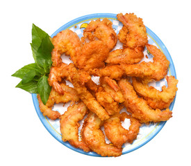 Fried shrimp in plate on white