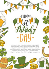 St Patrick's day poster with Hand drawn  St. Patrick's hat, horseshoe, beer, barrel, irish flag, four-leaf clover and gold coins. Lettering. Engraving illustrations