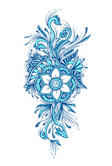 Floral decorative bouquet  with flowers leaves in blue white for tattoo and  for decoration different things or for embroidery 