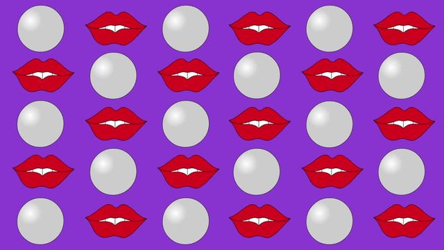 Lips Gum Backgrounds Animation. Animated backgrounds with lips and gum. Hand-drawing animation of lips inflating a bubble of chewing gum. Full HD and 25 fps
