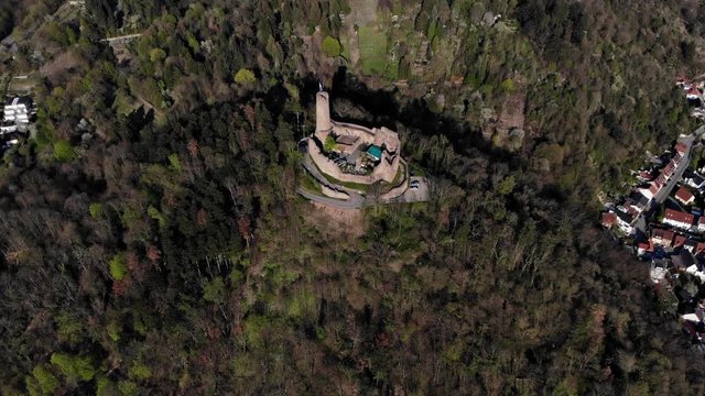 Beautiful evening flight over Burgruine Windeck near the city of Weinheim. Germany.