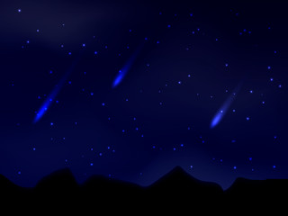 Fototapeta premium Dark blue sky with clouds and starfall. Vector stock Illustration for poster or banner