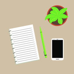 Workplace with green plant. Pen, Notepad, and cactus on table. Vector illustration of top view