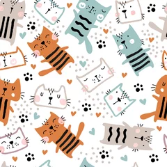 Washable wall murals Cats Childish seamless pattern with cute art cats.
