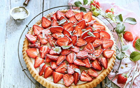 Close-up of homemade strawberry tart