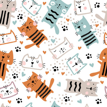Childish seamless pattern with cute art cats.