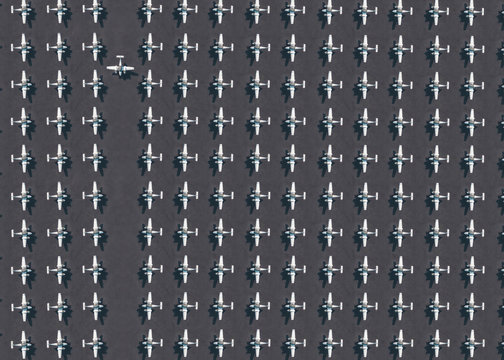 Aerial view of rows of airplanes