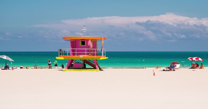 Art Deco style Lifeguard hut on South Beach, Ocean Drive, Miami Beach, Miami, Florida, USA