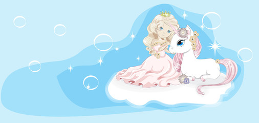 Obraz na płótnie Canvas princess and unicorn on cloud