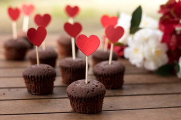 Chocolate cake on wooden background. Valentines day background.