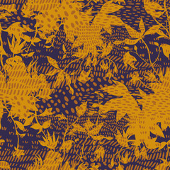 Mixed animal skin texture with flowers silhouettes. Geometric abstract elements lines, stripes, dots forming leopard, zebra fur ornament. Seamless pattern for textile and fabric.