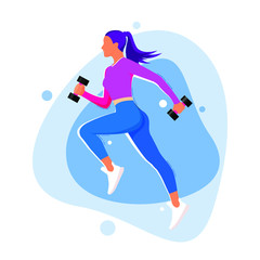 Fototapeta na wymiar Sporty woman running with dumbbells. Flat vector illustration.