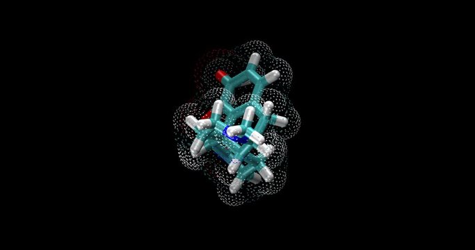 Hydrocodone, opioid drug, 3d molecule   spinning on Y axis