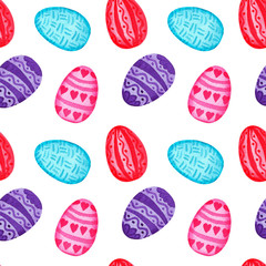Watercolor spring easter seamless pattern with eggs. Isolated on white background.