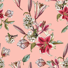Floral seamless pattern with watercolor lilies, tulips and white apple blossom