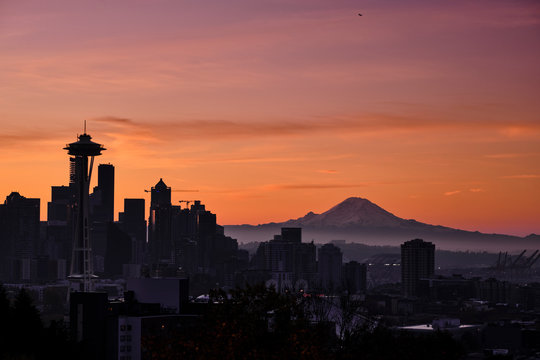 Downtown Seattle during sunrise, Photo 2 of a Panorama