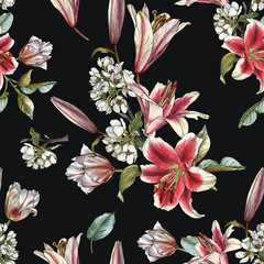 Floral seamless pattern with watercolor lilies, tulips and white apple blossom