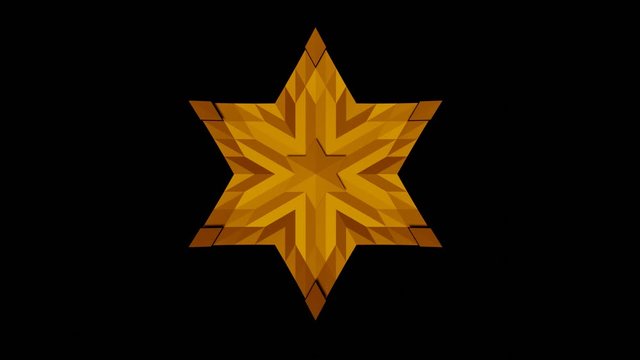 David's star, animation using moving light and shadow, yellow star with the texture of mosaic polygons on a black background, Full HD animation