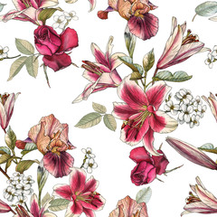Floral seamless pattern with watercolor lilies, irises, rose and white apple blossom - 317783549
